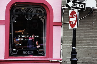 Pink Restaurant Window with Breakfast and Lunch Menu