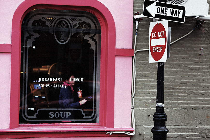 Pink Restaurant Window with Breakfast and Lunch Menu