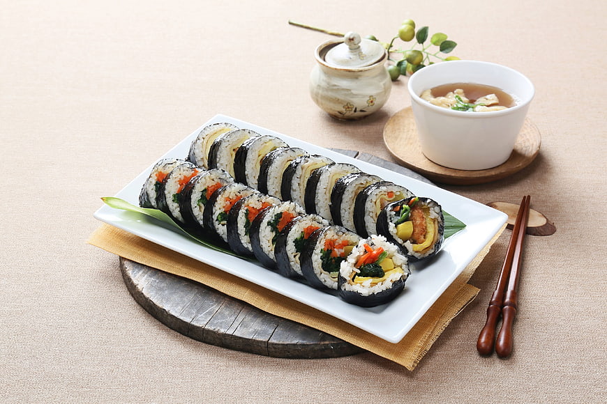 Korean Gimbap Rolls with Soup and Chopsticks