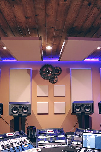 Professional Recording Studio with Mixing Console and Speakers
