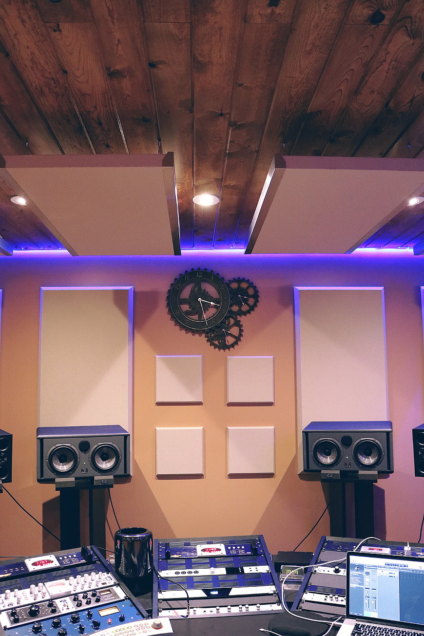 Professional Recording Studio with Mixing Console and Speakers
