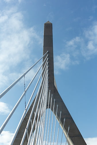 Low angle view of modern cable-stayed bridge tower against blue sky
