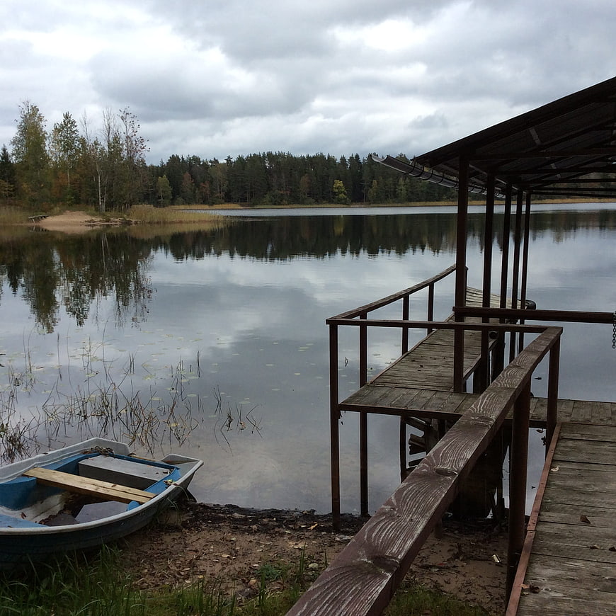 Wooden Dock and Rowboat on Calm Lake Shore