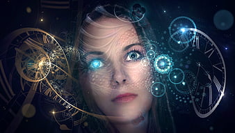 Mystical woman portrait with glowing clock gears and time elements