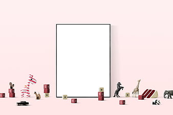 Minimalist Poster Mockup with Toys on Pink Background