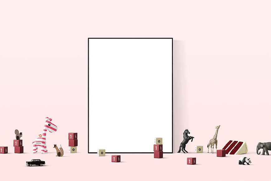 Minimalist Poster Mockup with Toys on Pink Background