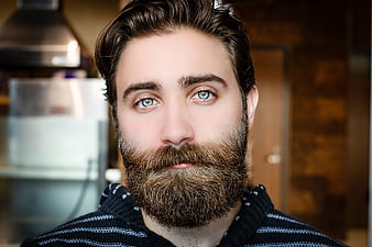 Close-up portrait of handsome bearded man with blue eyes