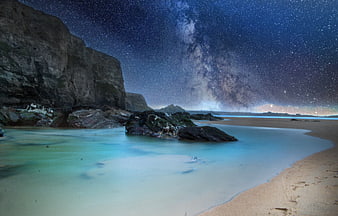 Milky Way over Coastal Cliffs and Sandy Beach at Night