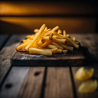Golden French Fries on Rustic Wooden Board