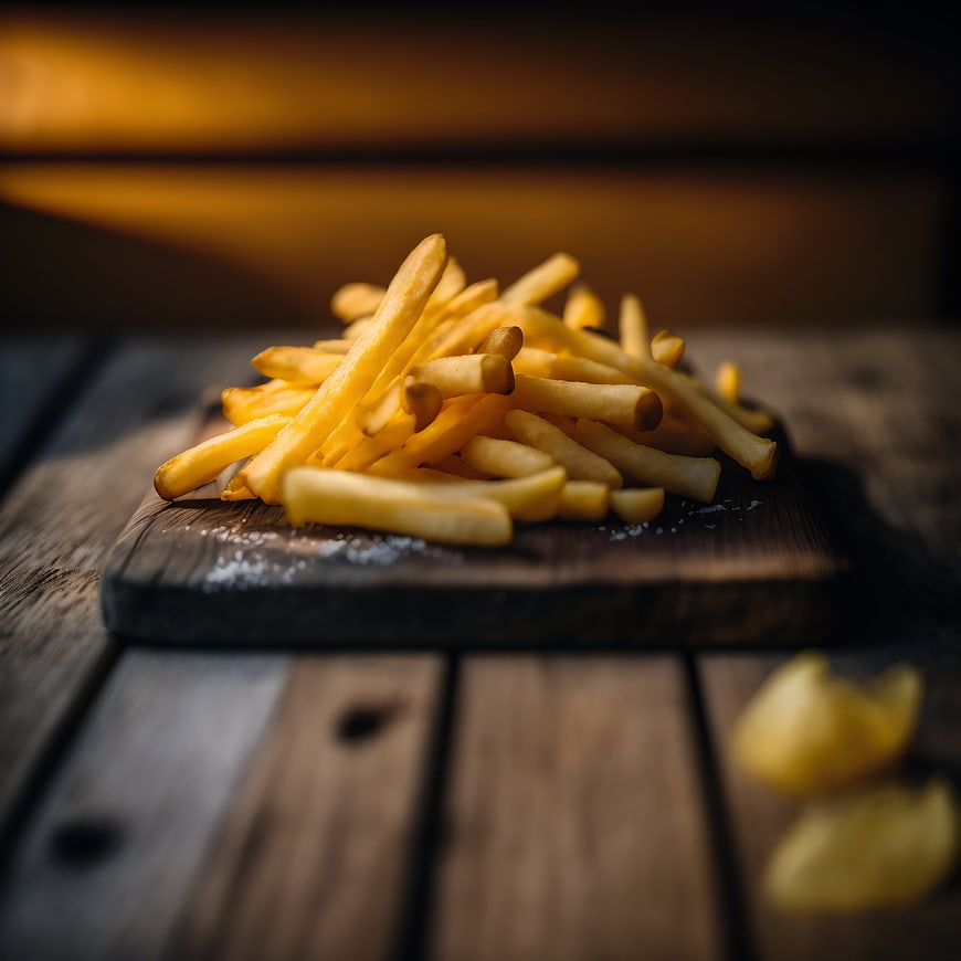 Golden French Fries on Rustic Wooden Board