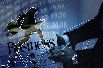 Businessman silhouette running over financial newspaper with stock charts