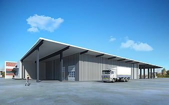 Modern Warehouse Building 3D Architectural Rendering With Delivery Truck
