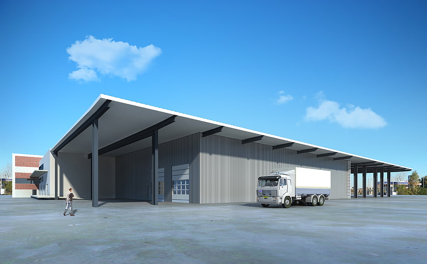 Modern Warehouse Building 3D Architectural Rendering With Delivery Truck