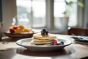 Stack of Fluffy Pancakes with Blueberries and Syrup on Wooden Table