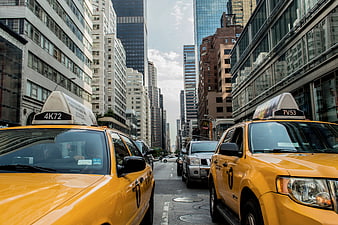 Yellow Taxis on Busy New York City Street