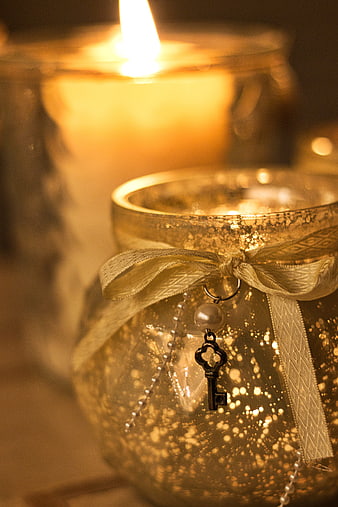 Vintage Key Charm on Glittery Candle Jar with Ribbon
