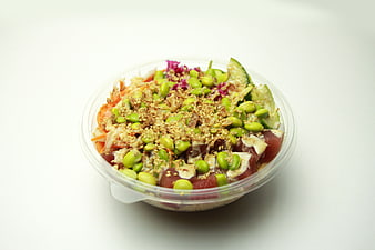 Poke Bowl with Tuna, Edamame, and Avocado in Plastic Container