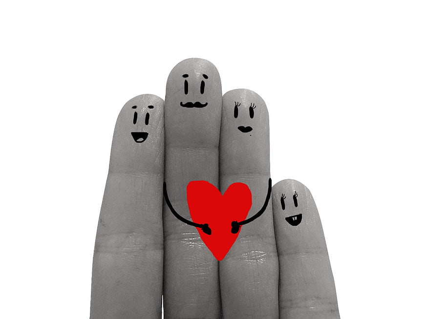 Finger Family Concept with Red Heart on White Background