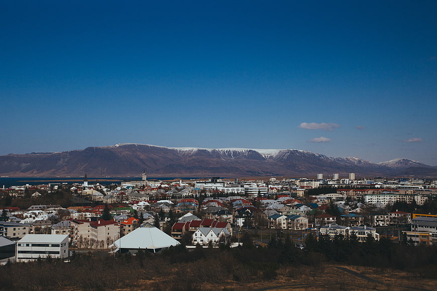 Aerial View of Akureyri, Iceland with Snow-Capped Mountains