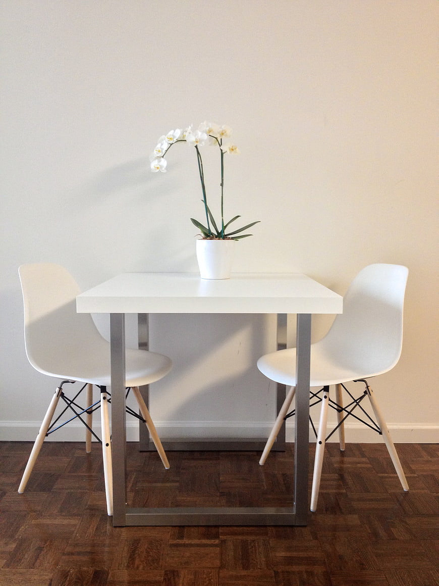 Minimalist white dining table with orchid and modern chairs