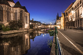 Ghent Belgium Canal at Blue Hour with Gothic Architecture