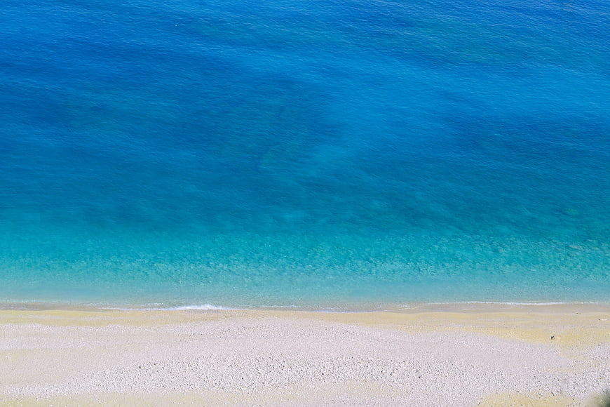 Aerial View of Turquoise Sea and White Sand Beach in Greece