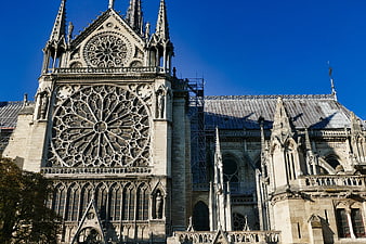 Gothic Cathedral Facade With Rose Window And Scaffolding
