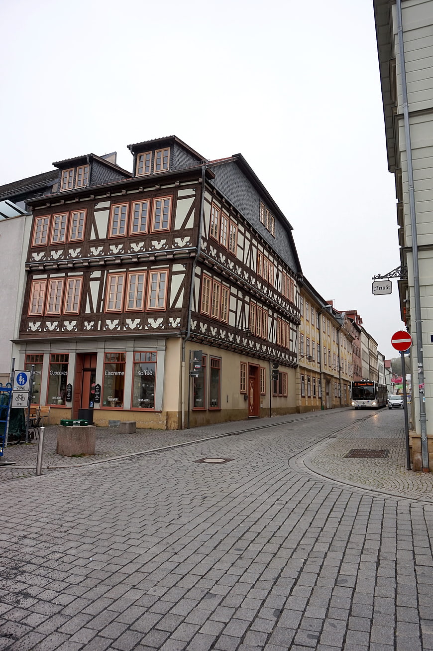 Traditional Half-Timbered Building on Cobblestone Street in Eisenach, Germany