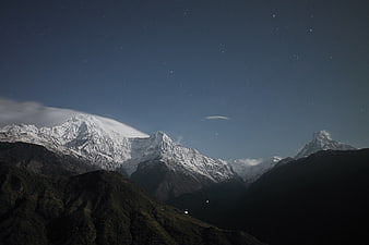 Snowy Mountain Peaks Under Starry Night Sky