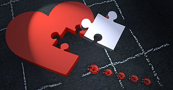 Red Heart Puzzle Piece Concept With Ladybugs On Dark Surface