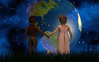 3D Illustration of Children Holding Hands Before a Glowing Earth