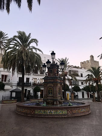 Ornate tiled fountain in Spanish plaza with palm trees