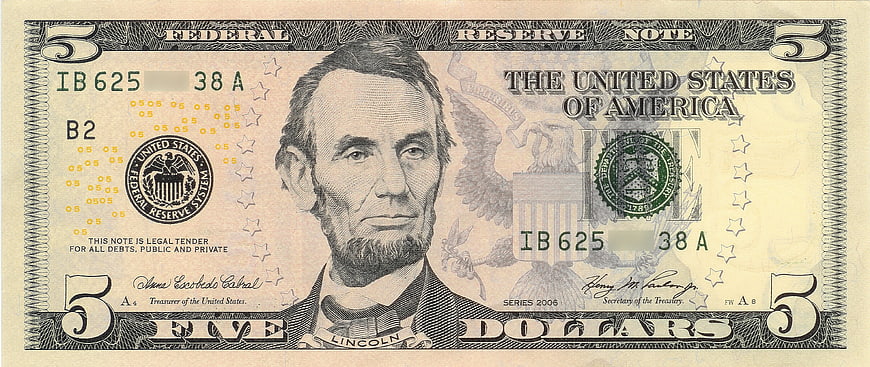 Front View of US Five Dollar Bill Featuring Abraham Lincoln