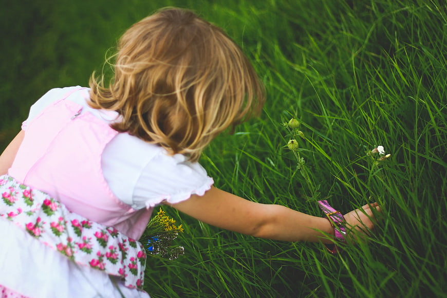 Little girl in pink dress reaching for flowers in tall grass