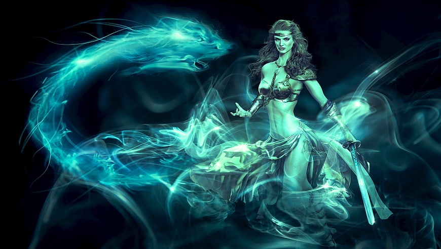 Fantasy female warrior with glowing blue dragon spirit