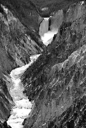 Black and white aerial view of Yellowstone Grand Canyon waterfall