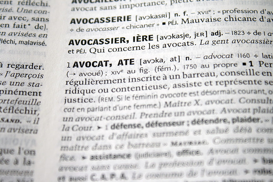 Close-up of French dictionary definition for Avocat lawyer