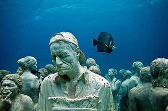 Underwater Sculpture Museum with Fish Swimming Past