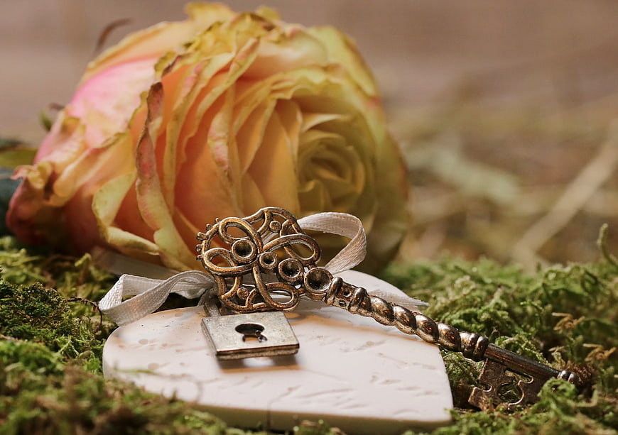 Vintage Key and Wilted Rose on Moss