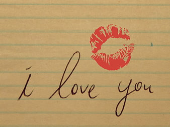 Handwritten i love you note with red lipstick kiss print on lined paper
