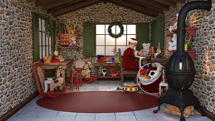 Santa Claus in rustic stone workshop with toys and wood stove