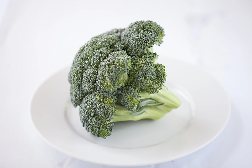 Fresh raw broccoli head on white plate