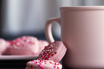 Pink Frosted Cookies with Heart Sprinkles and Mug