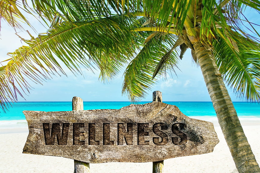 Wooden Wellness Sign on Tropical Beach with Palm Tree