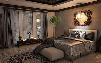 Luxury Bedroom Interior Design With Dark Wood And Winter View