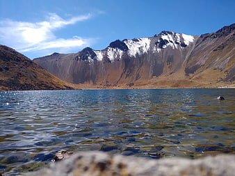 Snow-capped mountain peaks reflected in clear alpine lake water