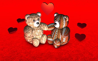 3D Rendered Teddy Bears Holding Hands on Red Background
