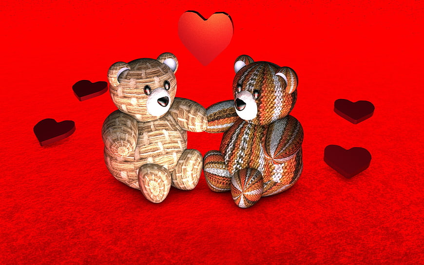 3D Rendered Teddy Bears Holding Hands on Red Background