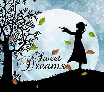 Silhouette of Girl Reaching for Moon with Sweet Dreams Text