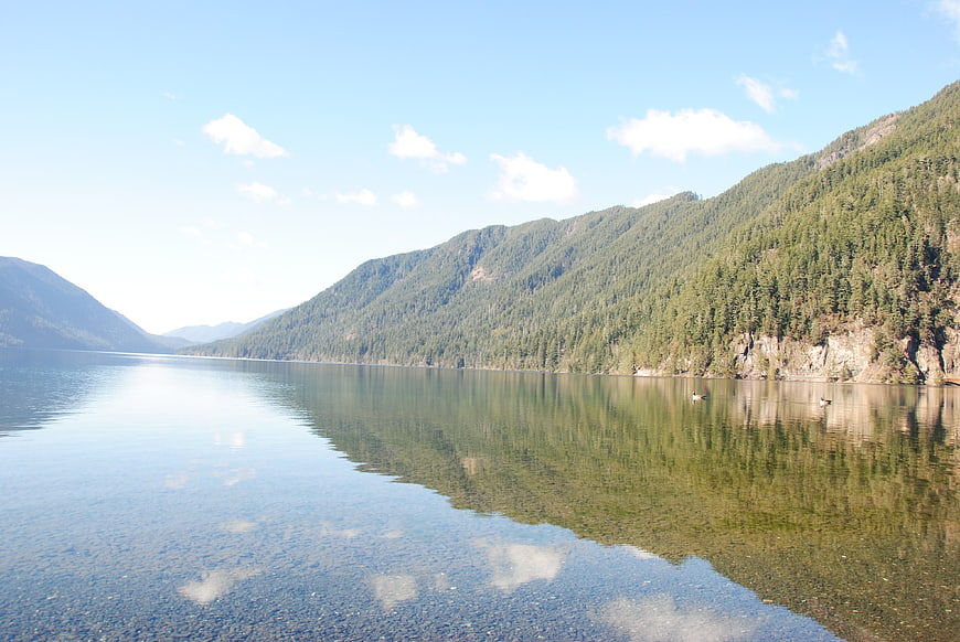 Serene Lake Reflection with Forested Mountains and Clear Water
